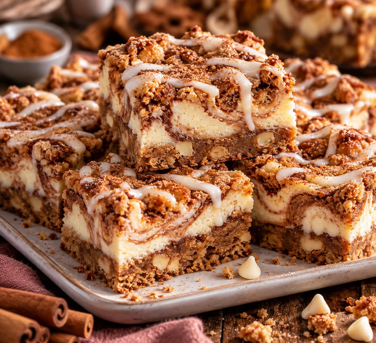 Gestapelte Zimt-Cookie-Bars mit heller Cheesecake-Schicht, dunklen Zimt-Swirls, knusprigem Cookie-Crumble und feinen Linien weißer Vanilleglasur.