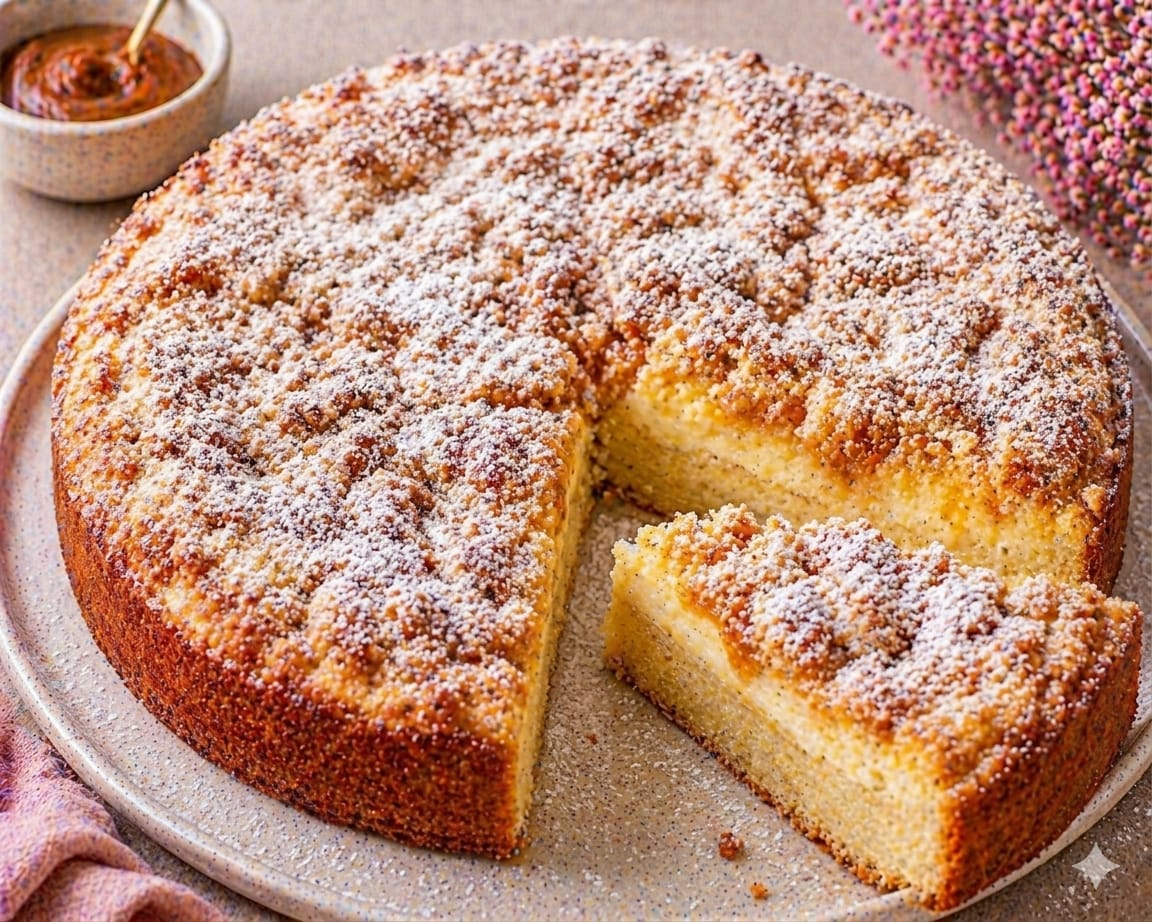 Hoher Zimt-Streusel-Quarkkuchen aus einer 26-cm-Springform mit saftigem hellem Kucheninneren und kräftig goldbraunen Zimtstreuseln