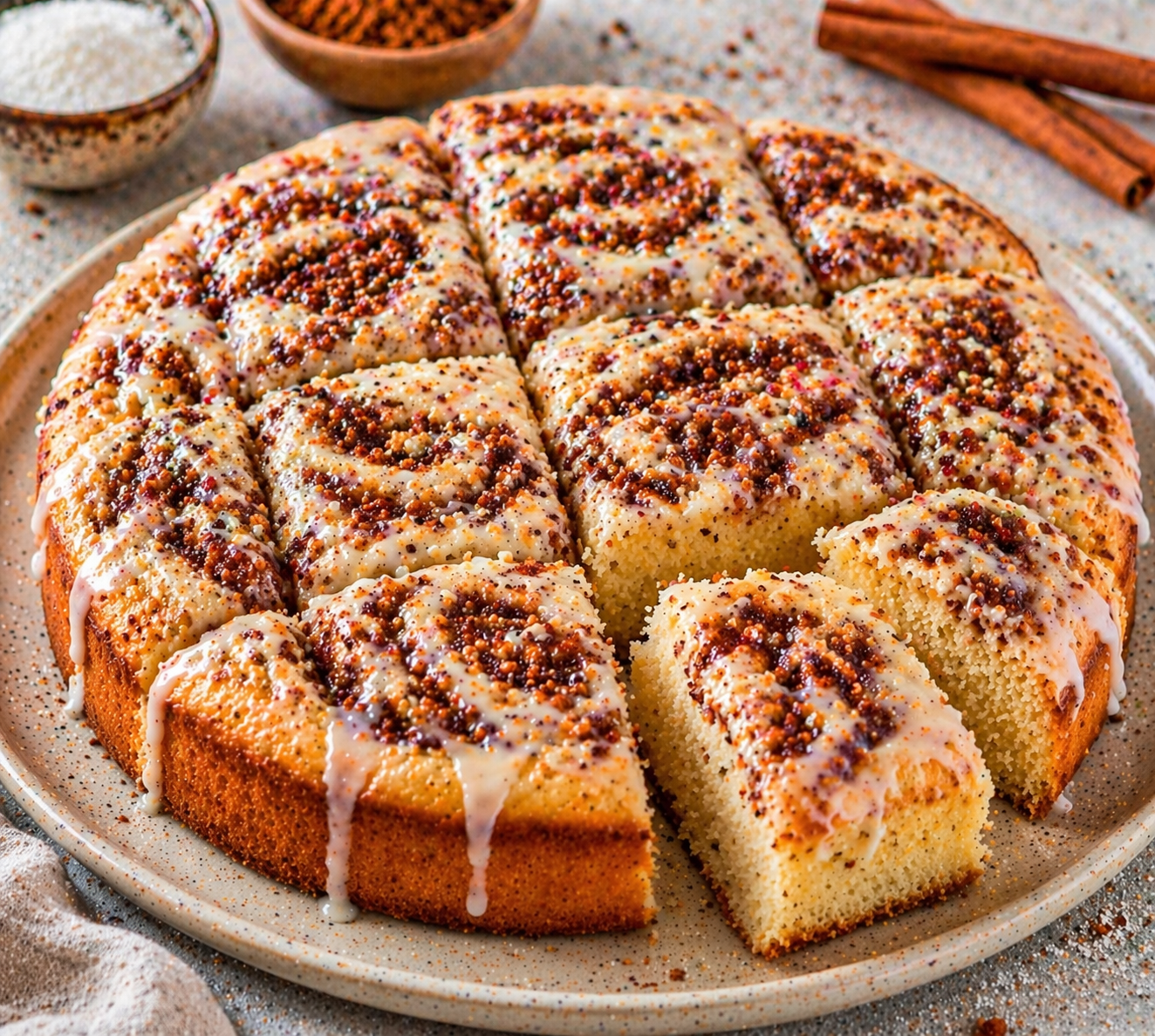 Zimt-Zucker-Kuchen mit heller Rührkuchenkrume, rustikalen Zimtbereichen, Vanilleglasur und feinen karamellig wirkenden Krümeln auf der Oberfläche