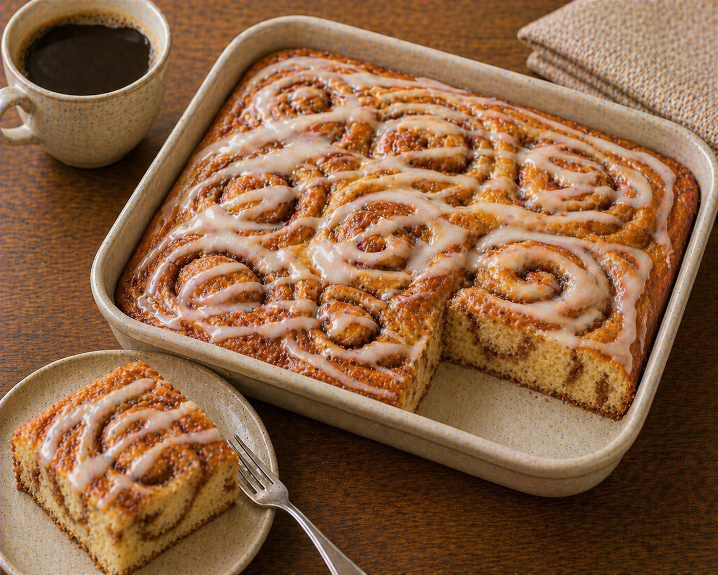 Goldbrauner Zimtschnecken-Kuchen aus einer rechteckigen Backform mit sichtbaren Zimtspiralen und hellem Vanilleguss