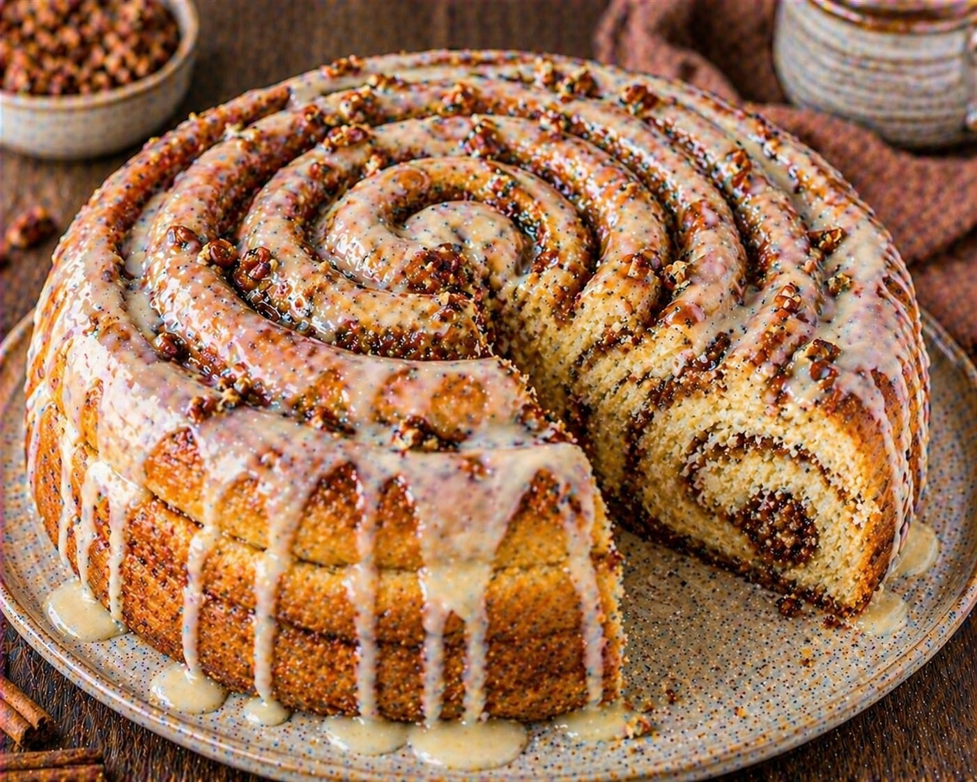 Goldbrauner Zimtschnecken-Kuchen aus einer 26-cm-Springform mit großer Zimtspirale, heller Vanilleglasur und Pekannüssen auf der Oberfläche
