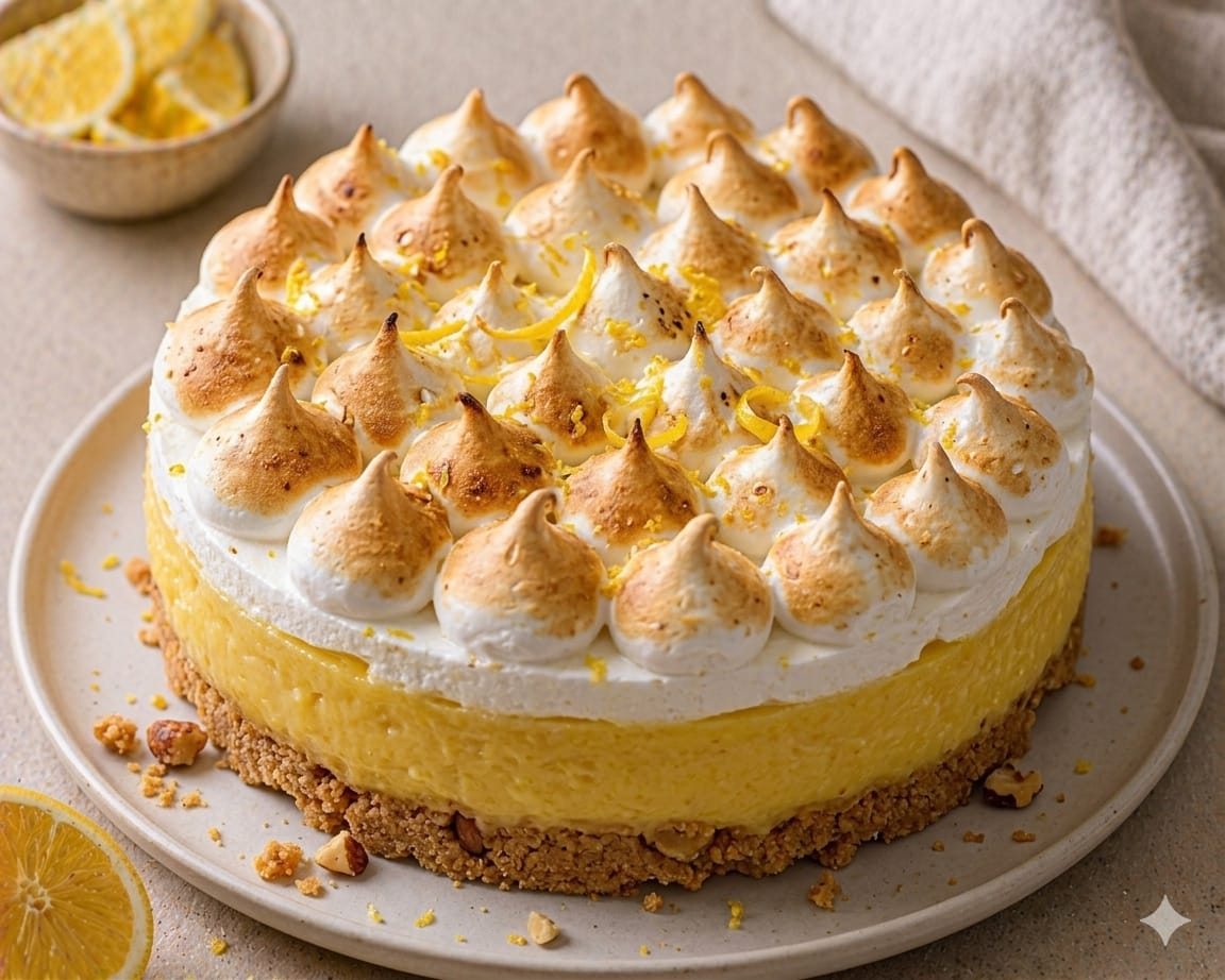 Zitronen-Baiser-Käsekuchen mit hoher gelber Cheesecake-Schicht und goldbraun abgeflammten Baiser-Spitzen