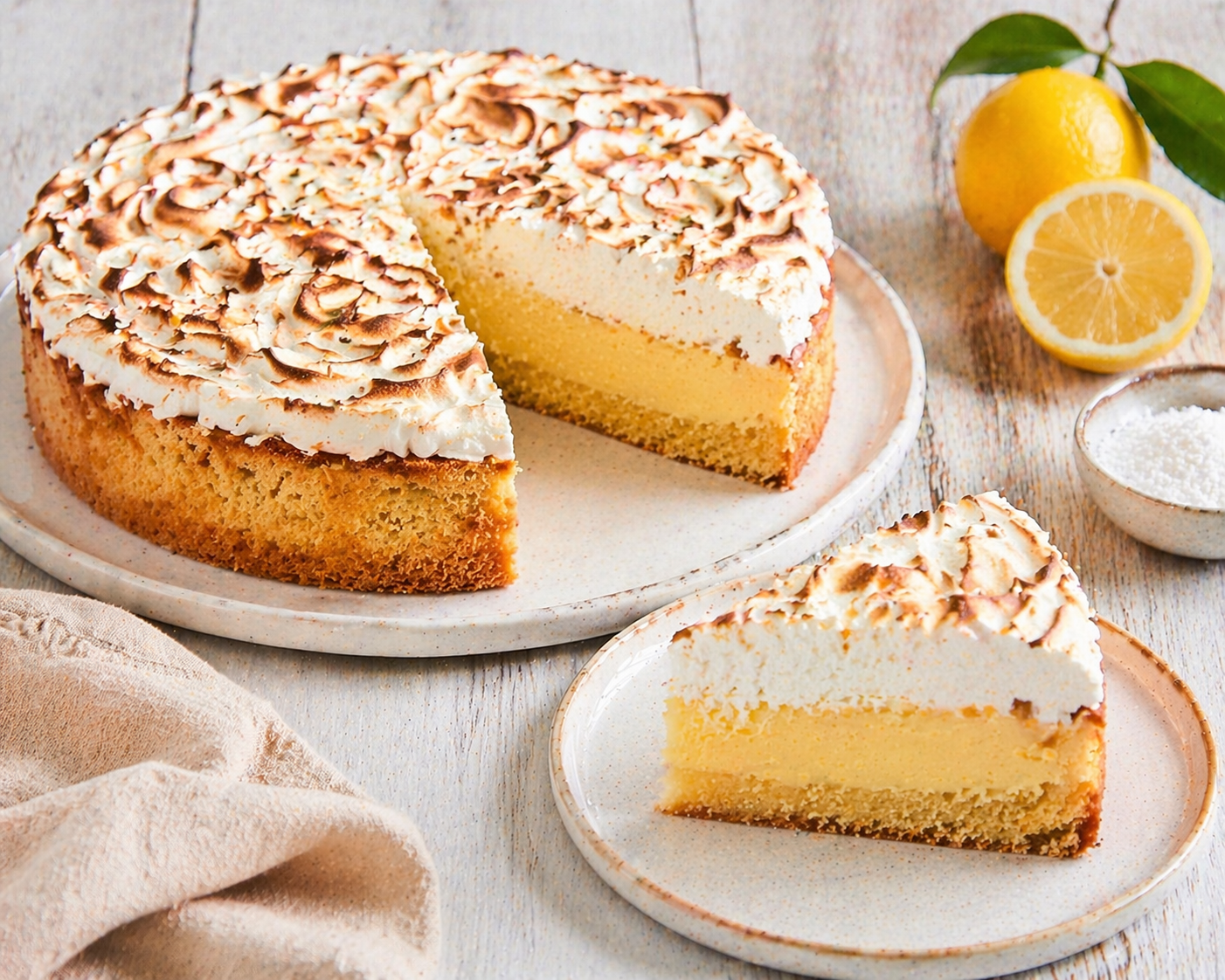 Zitronen-Baiser-Kuchen mit gelber Cremeschicht und hoher goldbraun abgeflammter Baiserhaube
