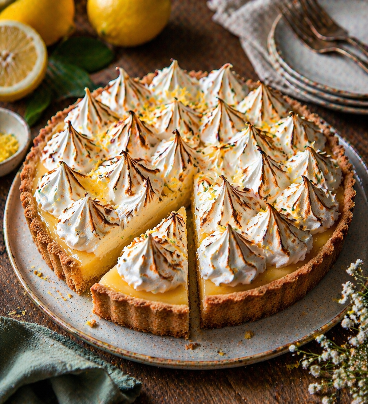 Zitronen-Baiser-Tarte mit geriffeltem Mürbeteigrand, hoher gelber Creme und goldbraun abgeflammten Baiser-Spitzen