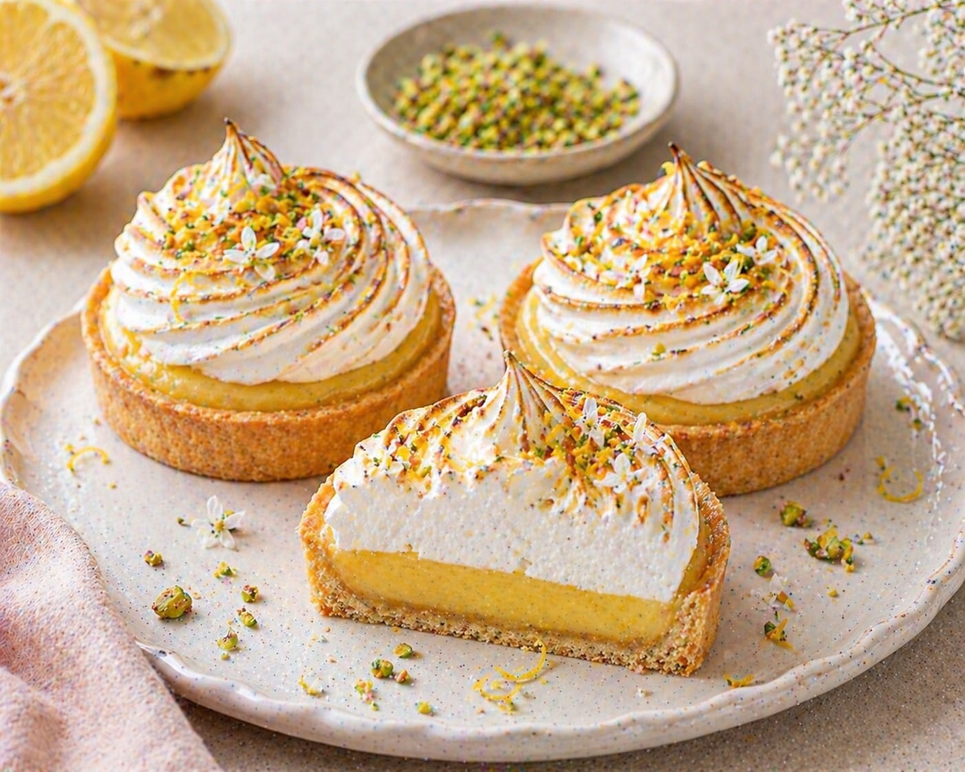 Zitronen-Baiser-Tartelettes mit Pistazien, gelber Zitronencreme und hohen abgeflammten Baiserhauben
