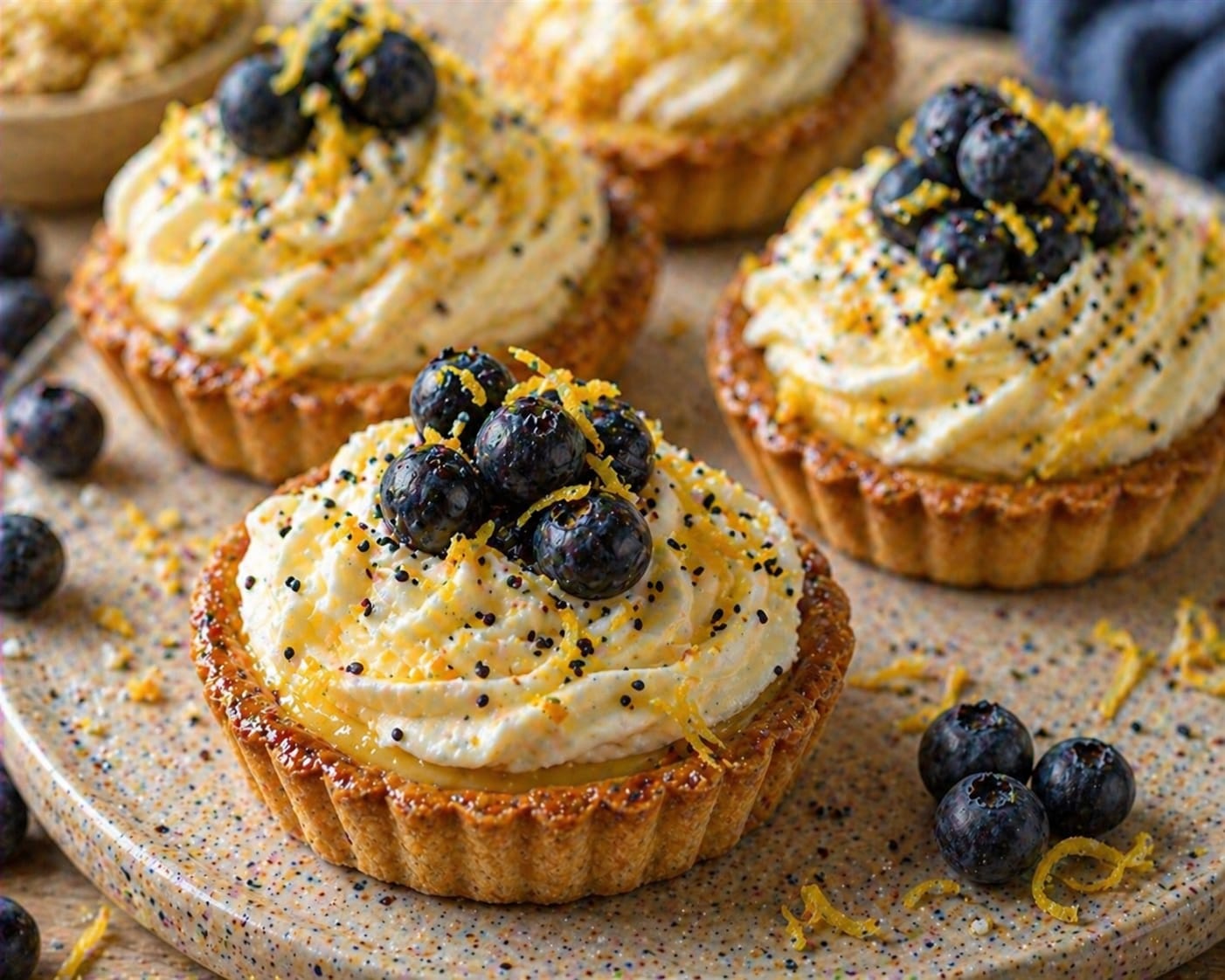 Zitronen-Blaubeer-Tartelettes mit gelber Zitronencreme, heller Cremehaube, Blaubeeren und Zitronenabrieb