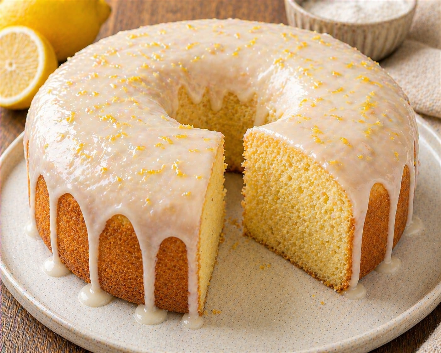 Zitronen-Buttermilch-Gusskuchen mit goldbrauner Kruste, hellem Zitronenguss und Zitronenabrieb