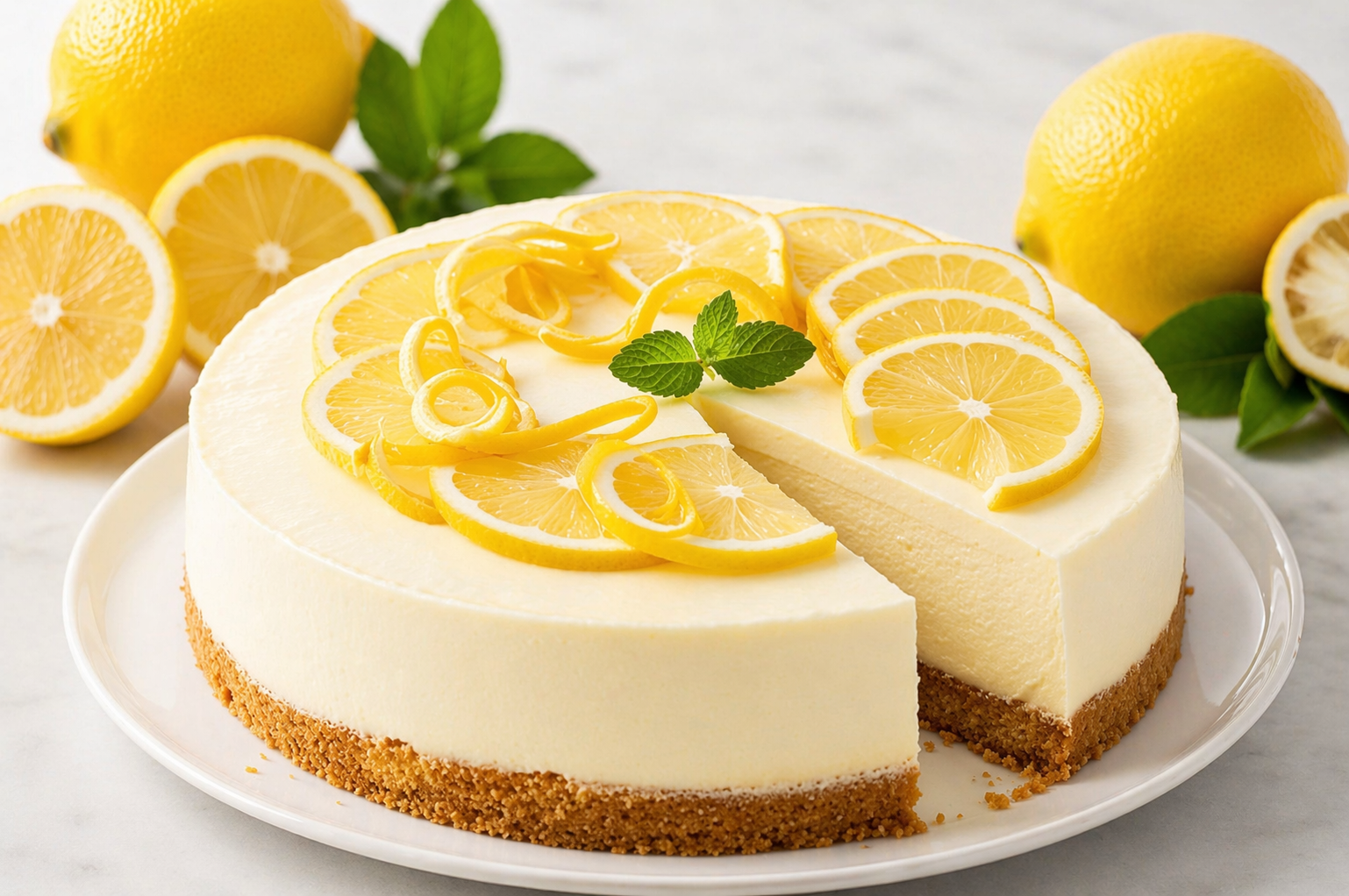 Zitronen-Cheesecake mit dünnem Keksboden, hoher heller Creme, frischen Zitronenscheiben und Minze
