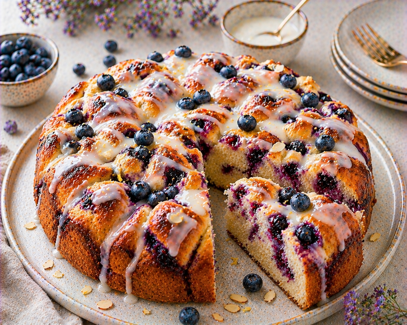 Zitronen-Heidelbeer-Hefezupfkuchen mit goldbraunen Teigkuppen, violetter Heidelbeerfüllung, hellem Zitronenguss, frischen Heidelbeeren und feinem Zitronenabrieb
