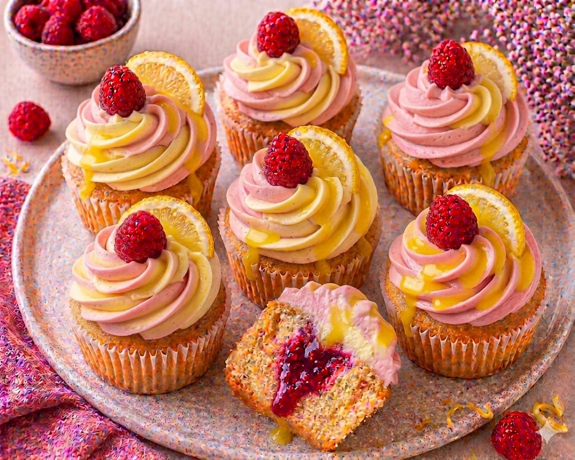 Zitronen-Himbeer-Cupcakes mit rotem Himbeerkern, rosa und gelber Creme, gelbem Zitronendrip, frischen Himbeeren und Zitronenscheiben