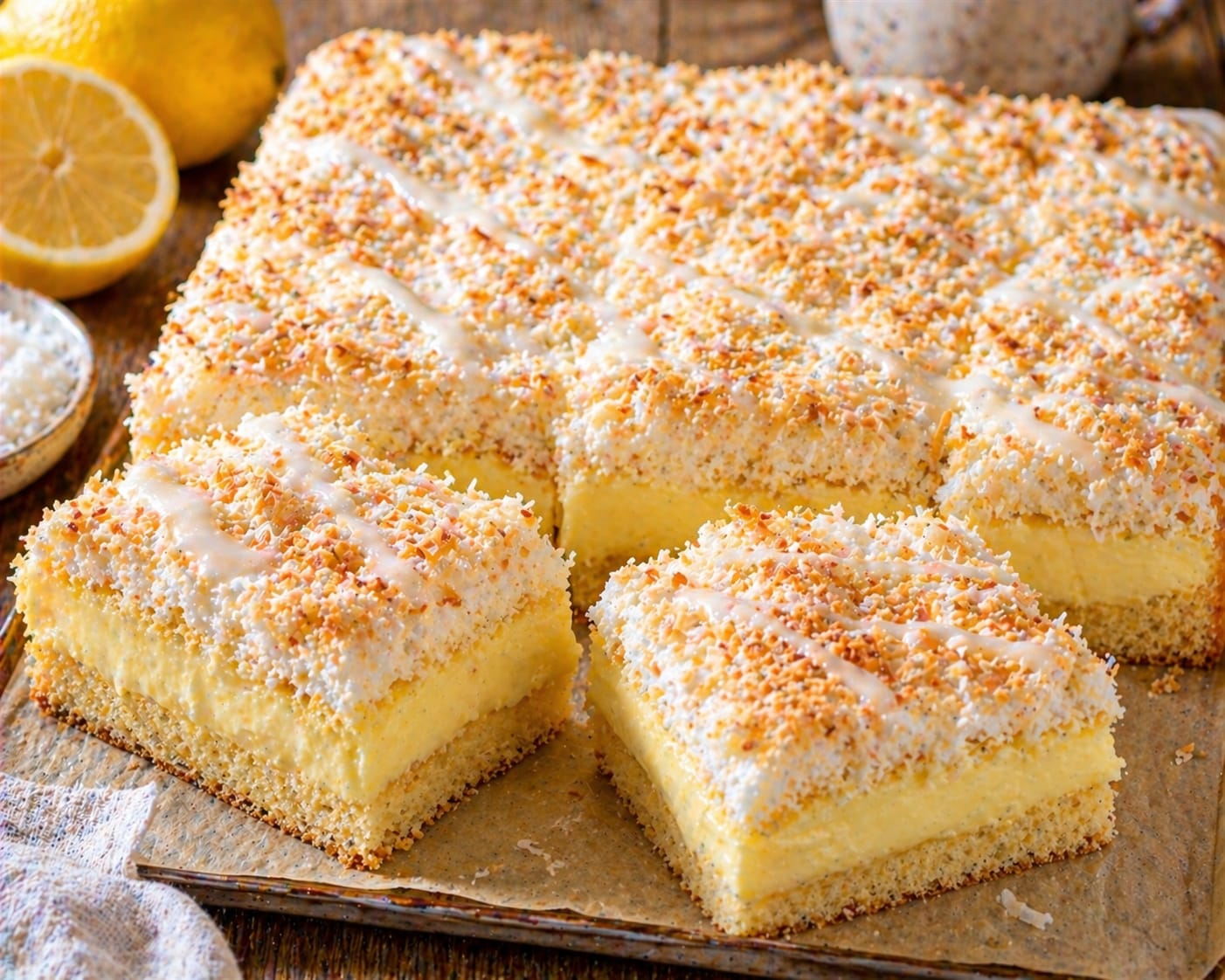 Zitronen-Kokos-Puddingkuchen vom Blech mit hellem Boden, hoher gelber Vanille-Puddingschicht, saftiger Kokosmasse mit gerösteten Spitzen und weißem Zitronenguss