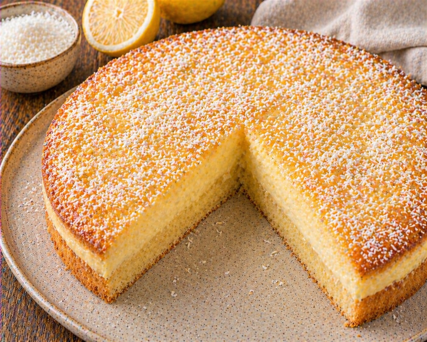 Runder Zitronen-Kokos-Puddingkuchen mit hoher heller Cremeschicht, goldgelber Oberfläche und feinen weißen Kokosraspeln