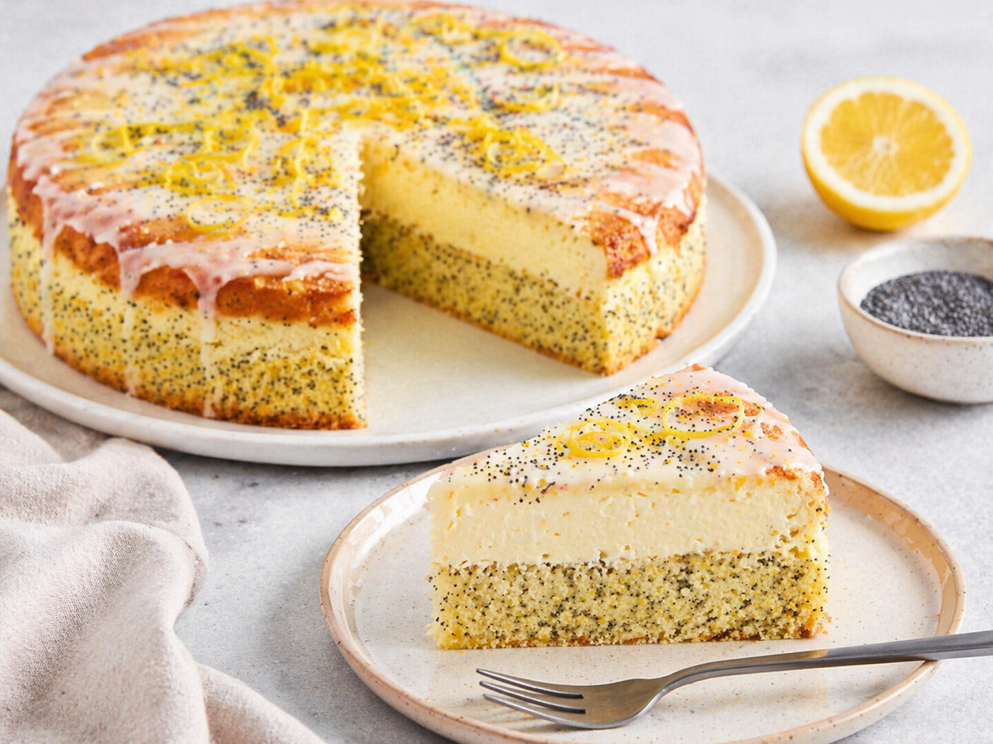 Runder Zitronen-Mohn-Kuchen mit gepunktetem Boden, hoher heller Cremeschicht, dünner Glasur, Zitronenzesten und Mohn