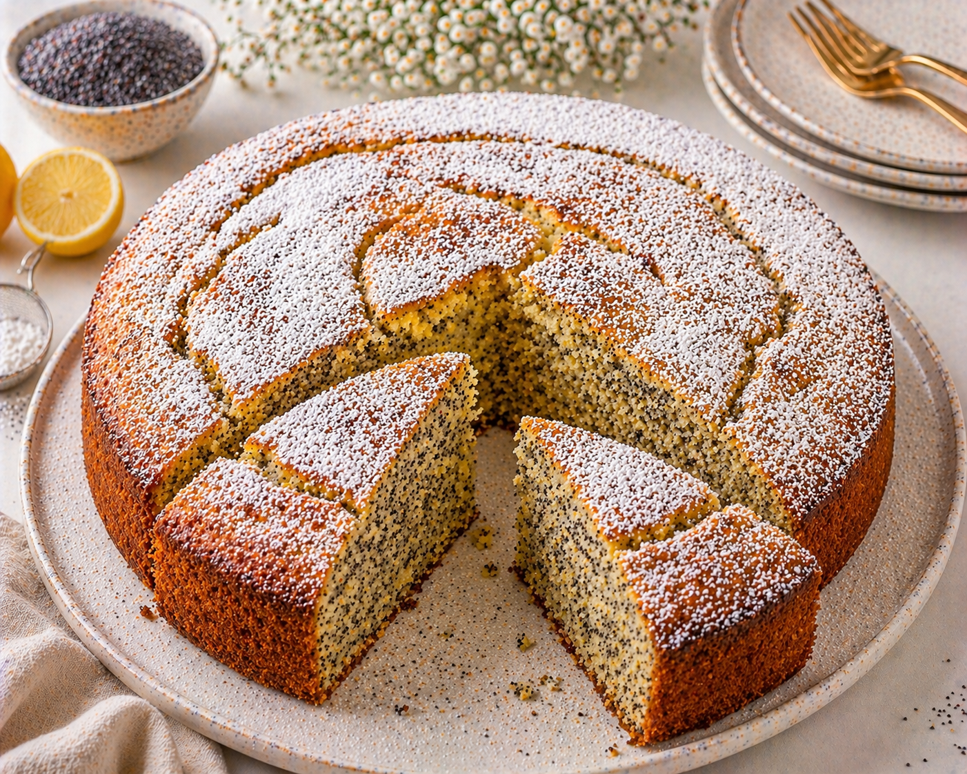 Runder Zitronen-Mohn-Kuchen mit goldbrauner Oberfläche, Puderzucker und heller, dicht mit Mohn gepunkteter Krume