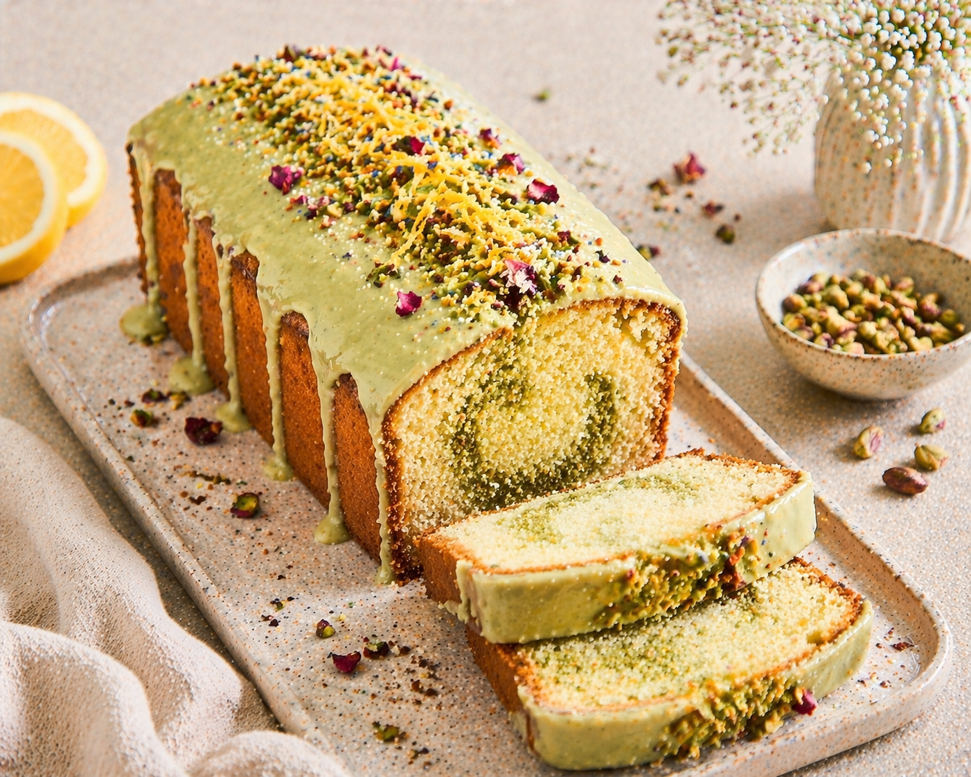 Heller Kastenkuchen mit grünem Pistazien-Swirl, hellgrüner Glasur, Pistazien, gelben Zesten und wenigen Blütenblättern