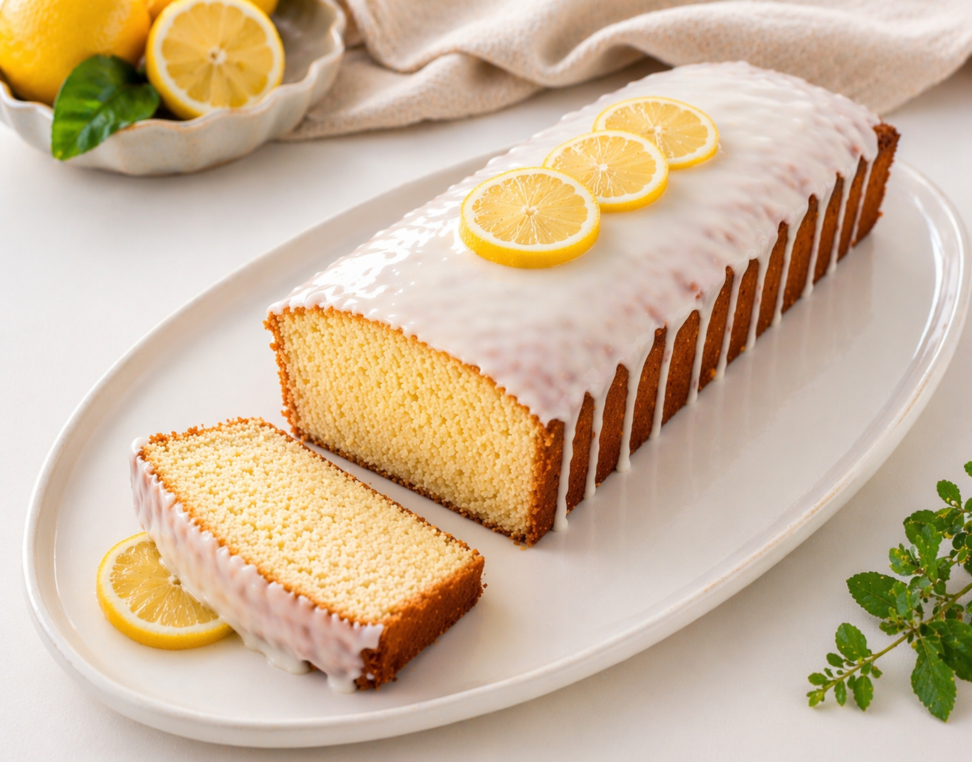 Saftiger Zitronenkuchen aus der Kastenform mit heller Krume, dickem hellem Zitronenguss, mehreren schmalen Drips und drei Zitronenscheiben