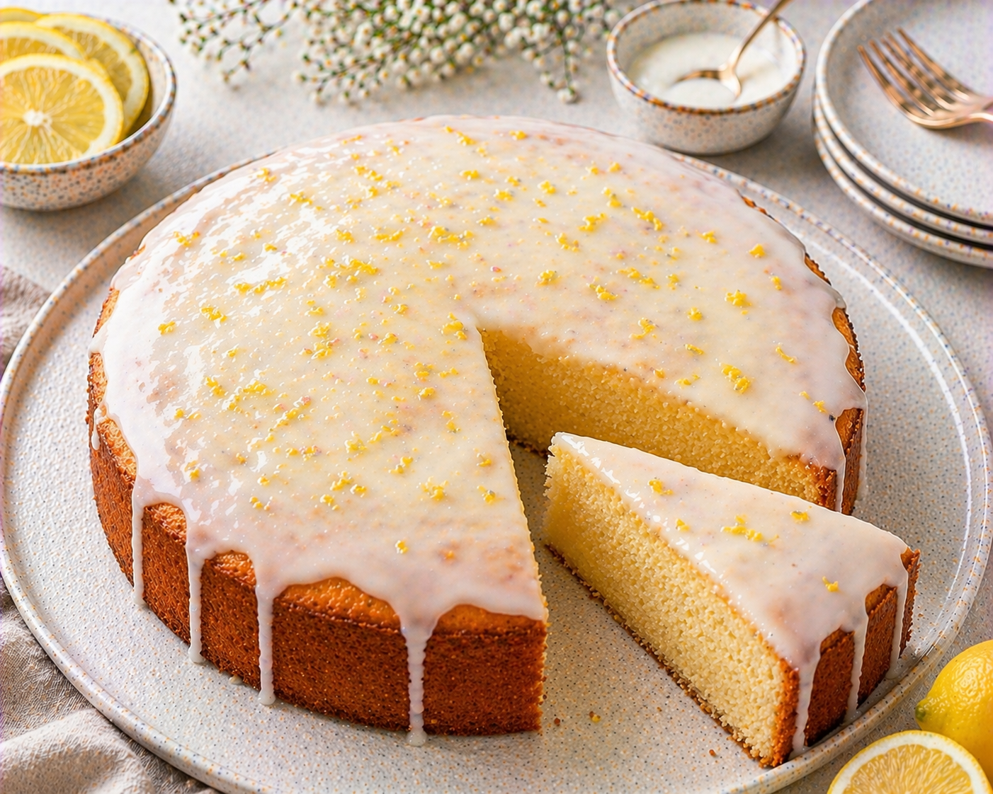 Runder Zitronenkuchen mit feiner hellgelber Krume, glänzendem Zitronenguss, schmalen Drips und feinem Zitronenabrieb