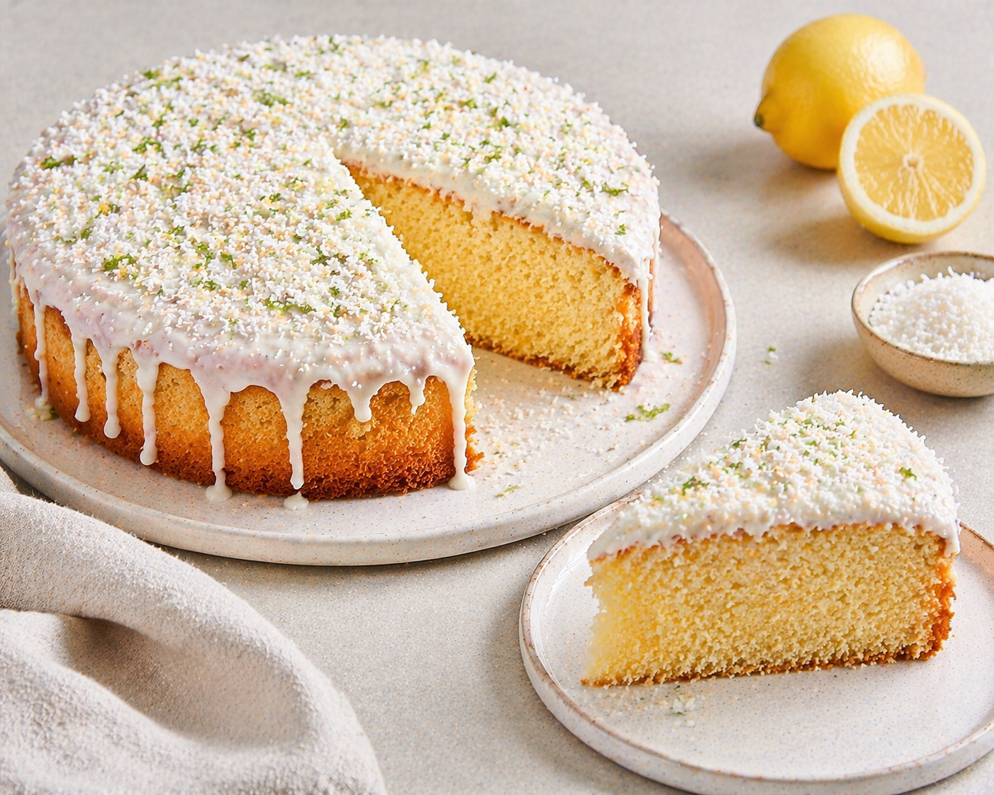 Zitronenkuchen mit heller feiner Krume, dickem weißem Zitronenguss, Kokosdecke und feinem Zitrusabrieb
