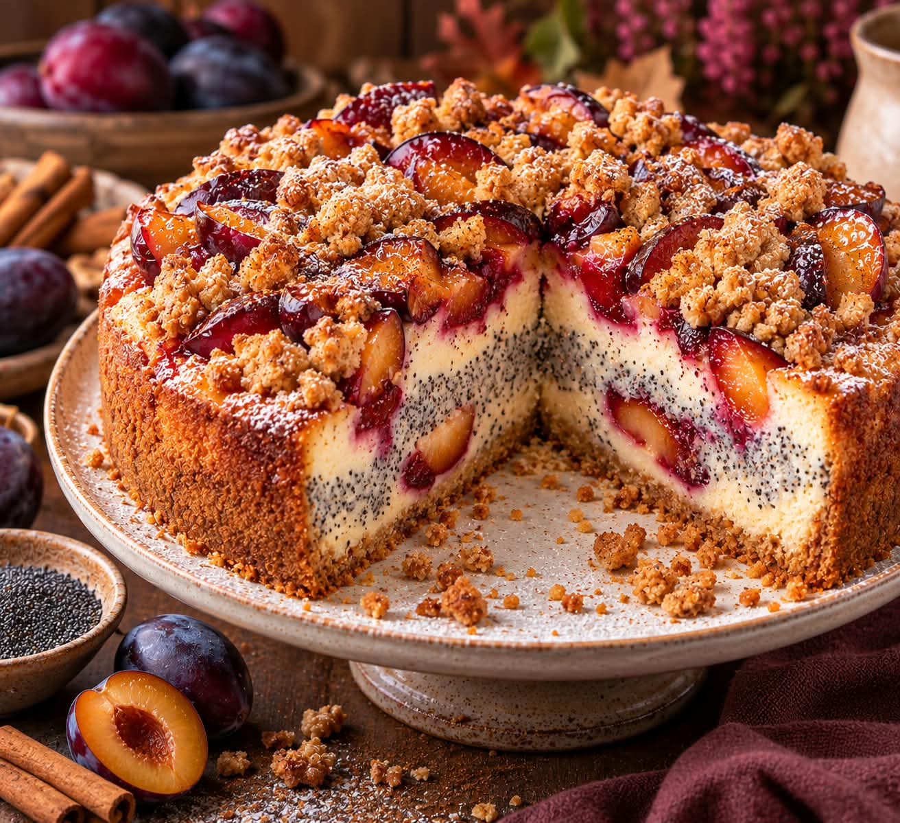 Hoher Zwetschgen-Käsekuchen mit heller Käsemasse, konzentrierter Mohnzone, versetzt eingebetteten Zwetschgen, rustikalem Streuselrand sowie glänzenden Zwetschgen und goldbraunen Zimtstreuseln auf der Oberfläche