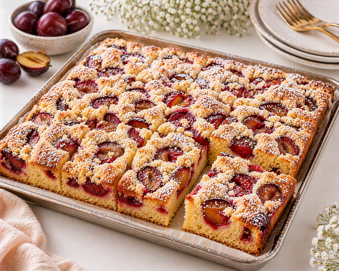 Zwetschgen-Streuselkuchen vom Blech mit hellem Boden, Zwetschgen, Butterstreuseln und Puderzucker