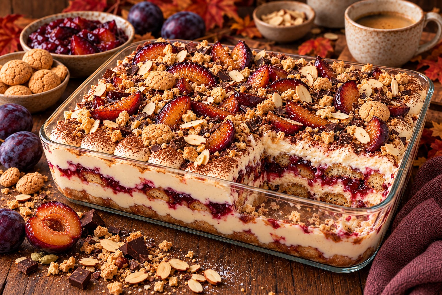 Cremiges Zwetschgenröster-Tiramisu in einer großen rechteckigen Glasform. Zwei Lagen Espresso-Löffelbiskuits und dunkle Zwetschgenfruchtbänder sind seitlich sichtbar. Auf der Oberfläche liegen üppige Mascarponetupfen, karamellisierte Zwetschgenspalten, ganze und zerbröselte Amarettini, helle Mandelblättchen sowie unregelmäßige Stücke und Splitter dunkler Schokolade.